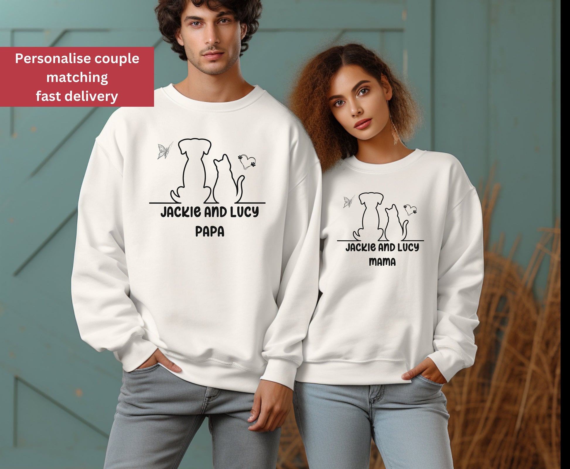 Personalised name of dog and cat on sweatshirt, Unisex crewneck sweatshirt for men and women with heart and butterfly sign white color shirt