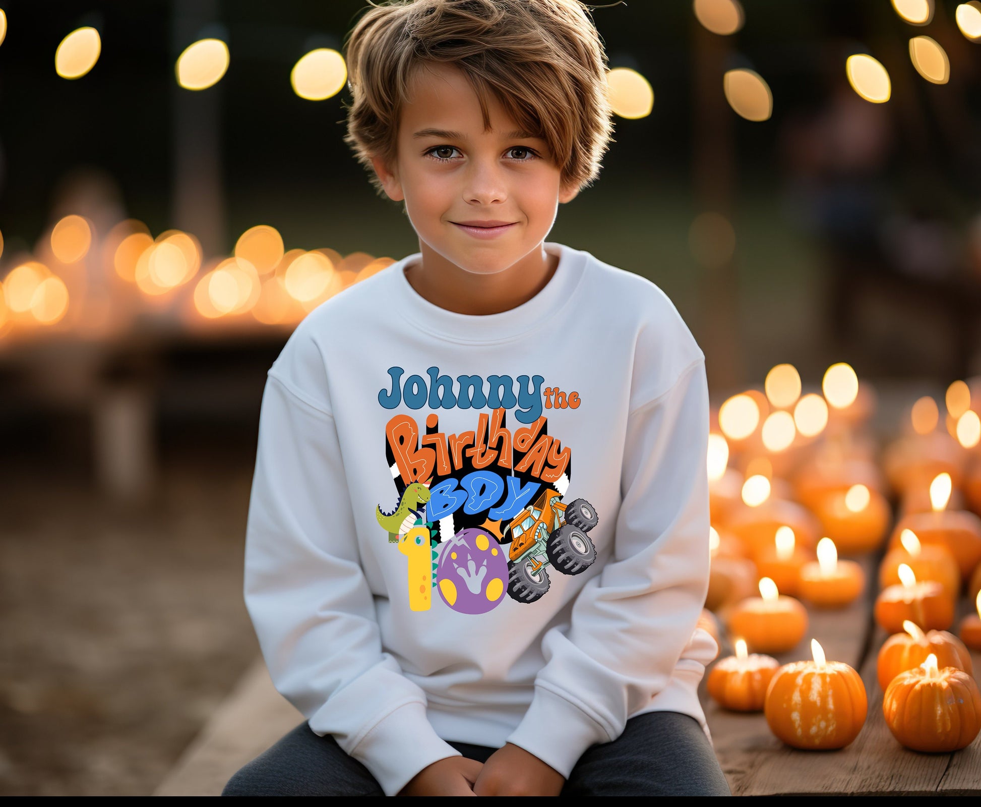 White sweatshirt Crewneck for birthday party, for family birthday party, dinosaur monster truck birthday party