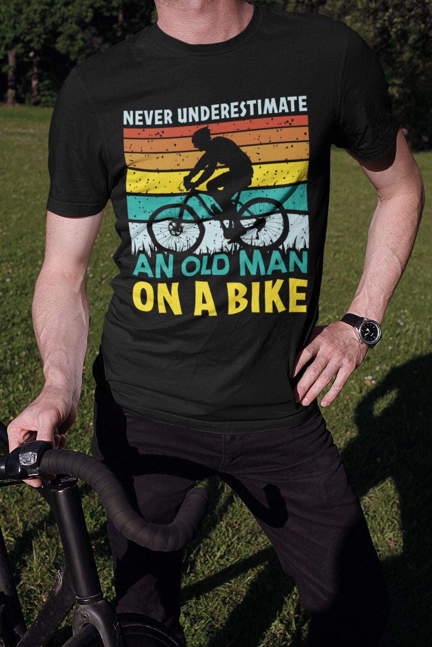 Old man on a bike crewneck tshirt for cycling gifts, Crewneck dark tshirts for cycling, i love cycling for husband for men