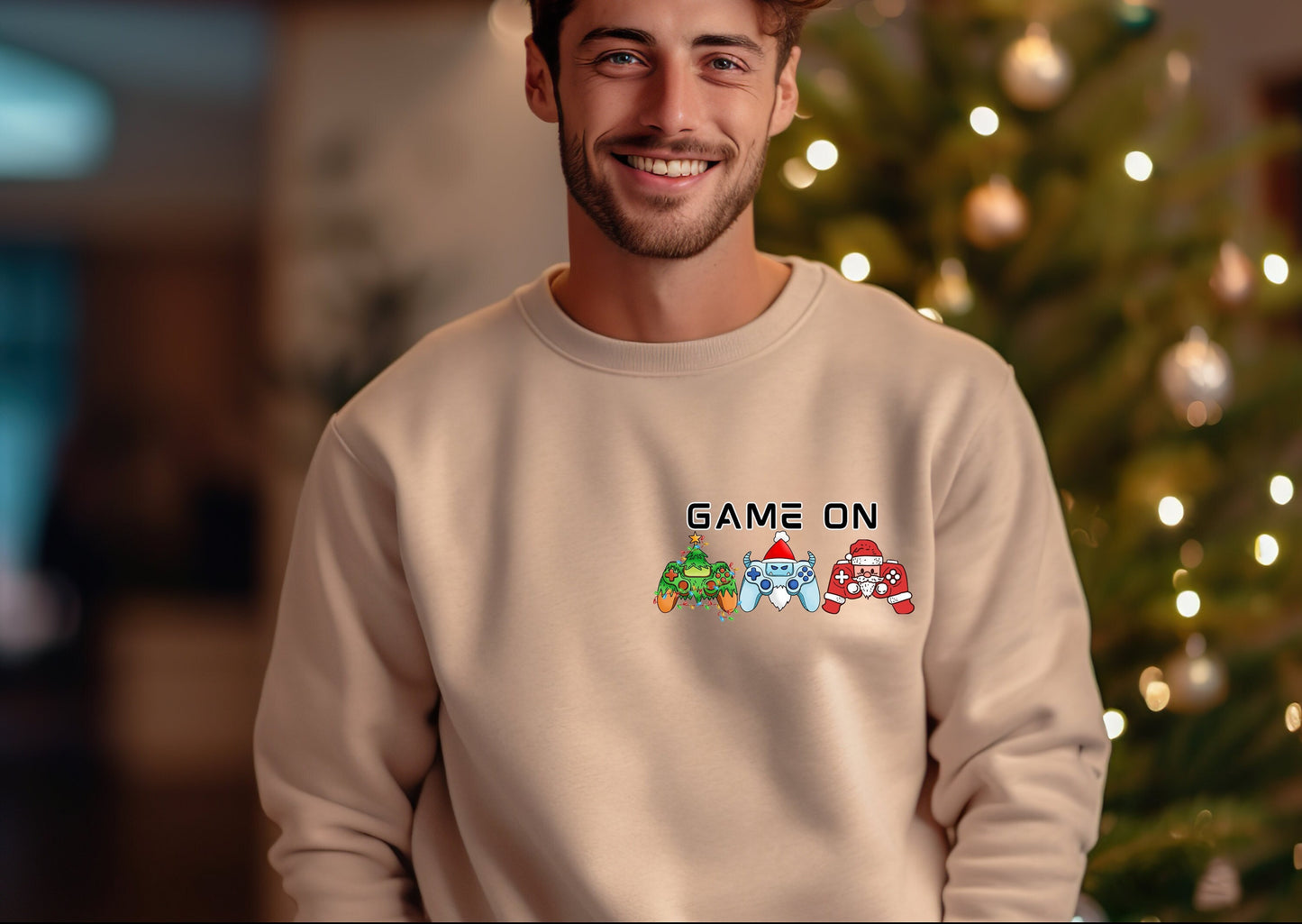 Trendy Santa Christmas Tree Snowman video Game Controller Pocket design Sweatshirt Retro Gaming Hoodie Gift Shirt Men Xmas jumper For Gamer