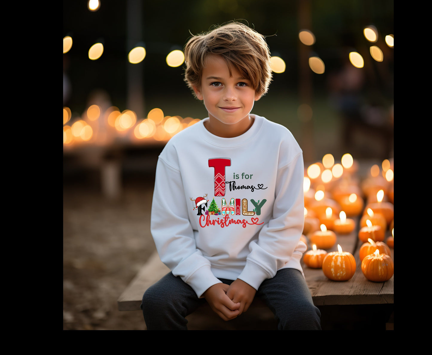 Personalised name and Christmas Alphabet Family matching crewneck sweatshirt and tshirt and tee gifts for adults and kids. White Christmas Jumper custom name for men women adults and babies