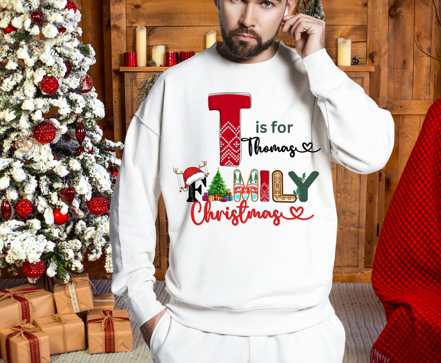 Personalised name and Christmas Alphabet Family matching crewneck sweatshirt and tshirt and tee gifts for adults and kids. White Christmas Jumper custom name for men women adults and babies