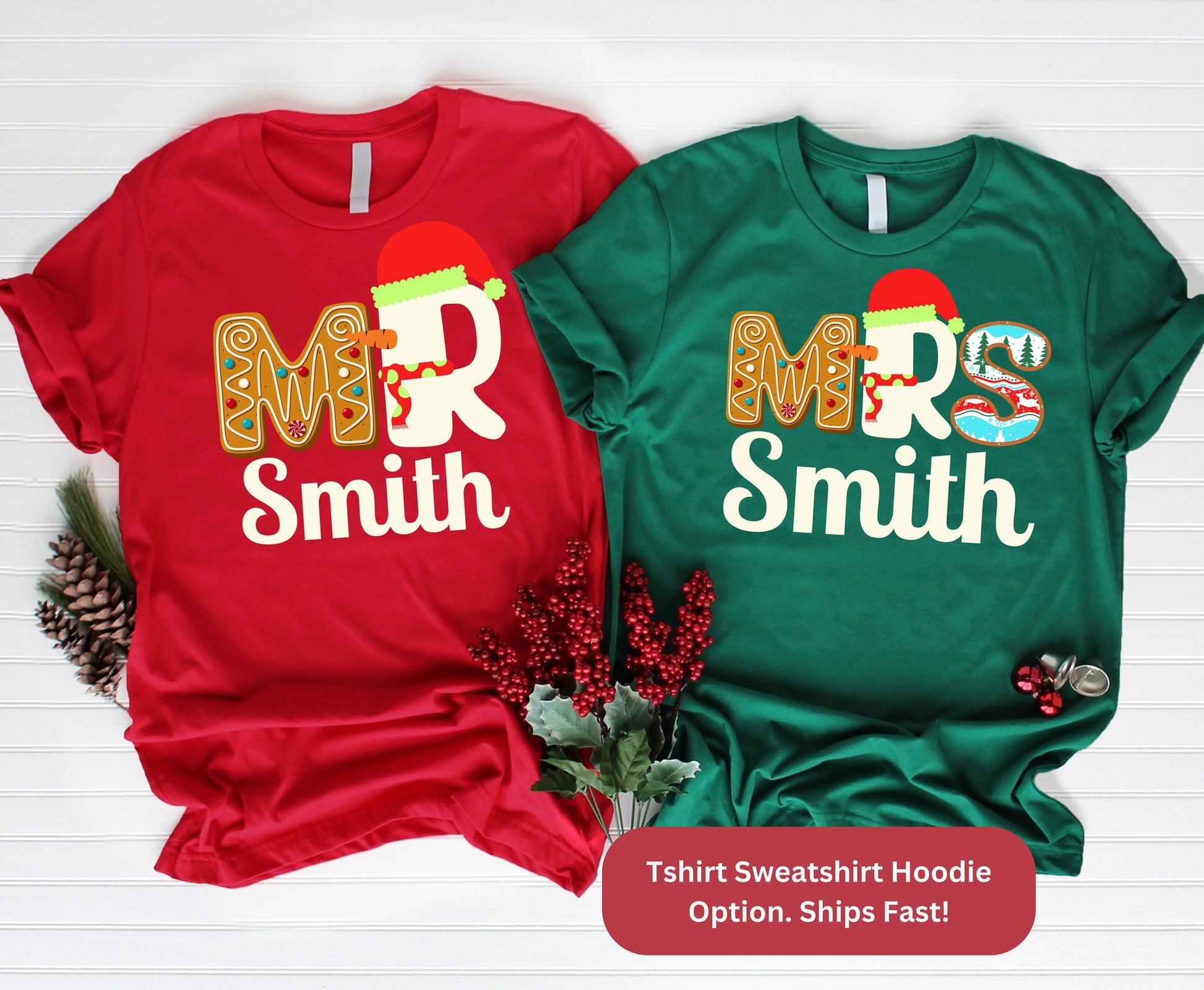 Red and green couple christmas tshirt sweatshirt hoodie Mr and Mrs Bride and groom christmas holiday honeymoon christ xmas wedding shirts jumper for men and women him and her wife husband