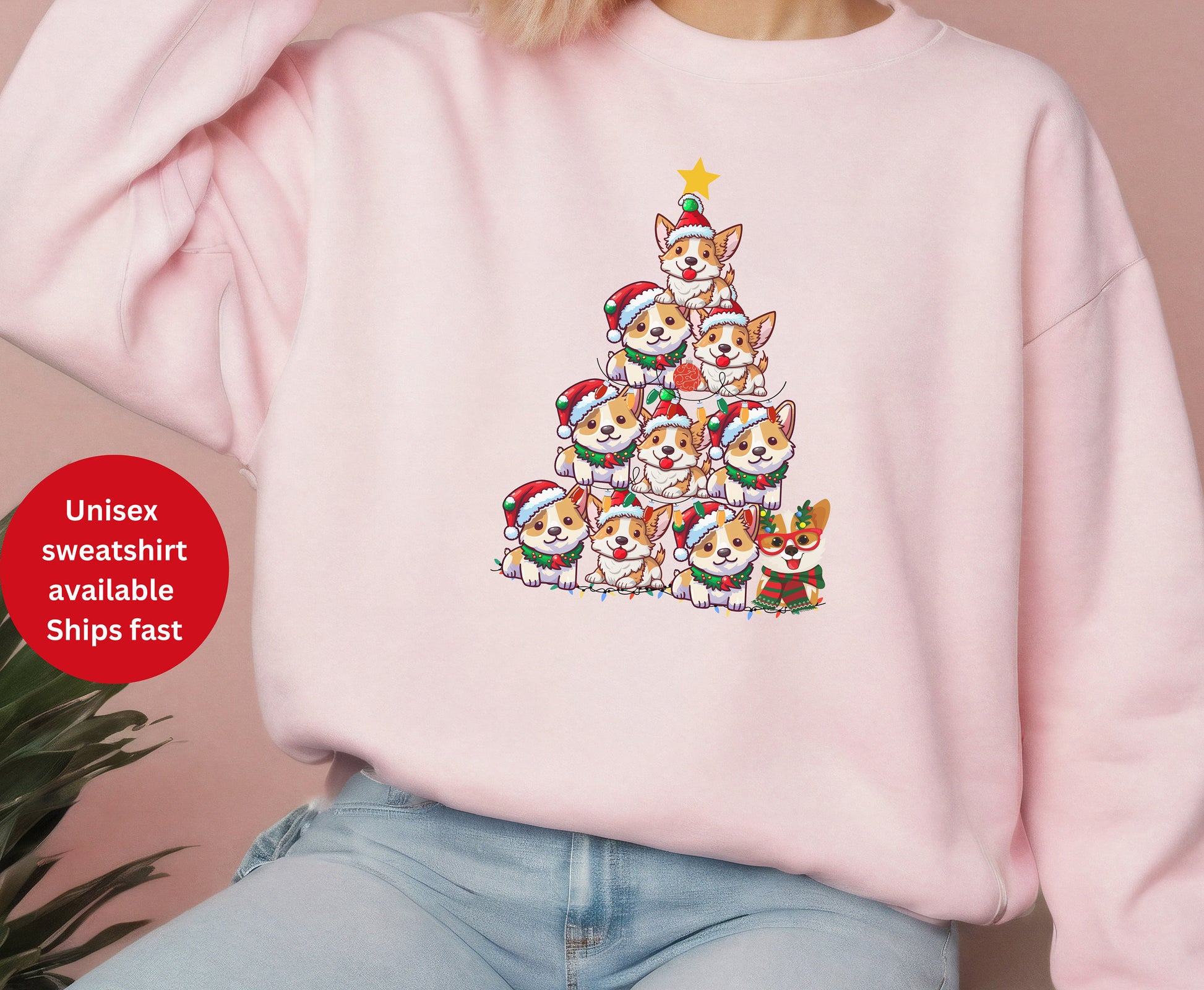 Cute Corgi christmas tree top shirts, gifts for dog owners, dog mom, dog dad, dog mama, dog mum, dog dad gifts, gifts for dog owners, animal lover gifts, winter crewneck sweatshirt sweater jumper for men for women xmas sweatshirt