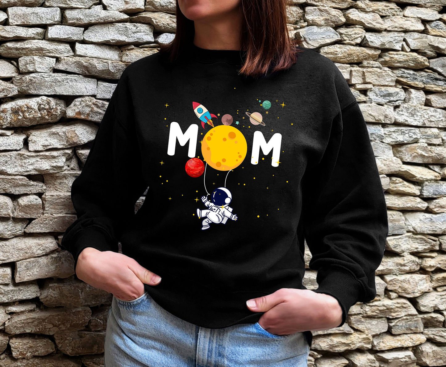 Cute Mom in space with Planets crewneck tshirt sweatshirts for Mother Hoodie for Moms gifts for Mom in Astronaut mom gifts, air hostess mom gifts for her