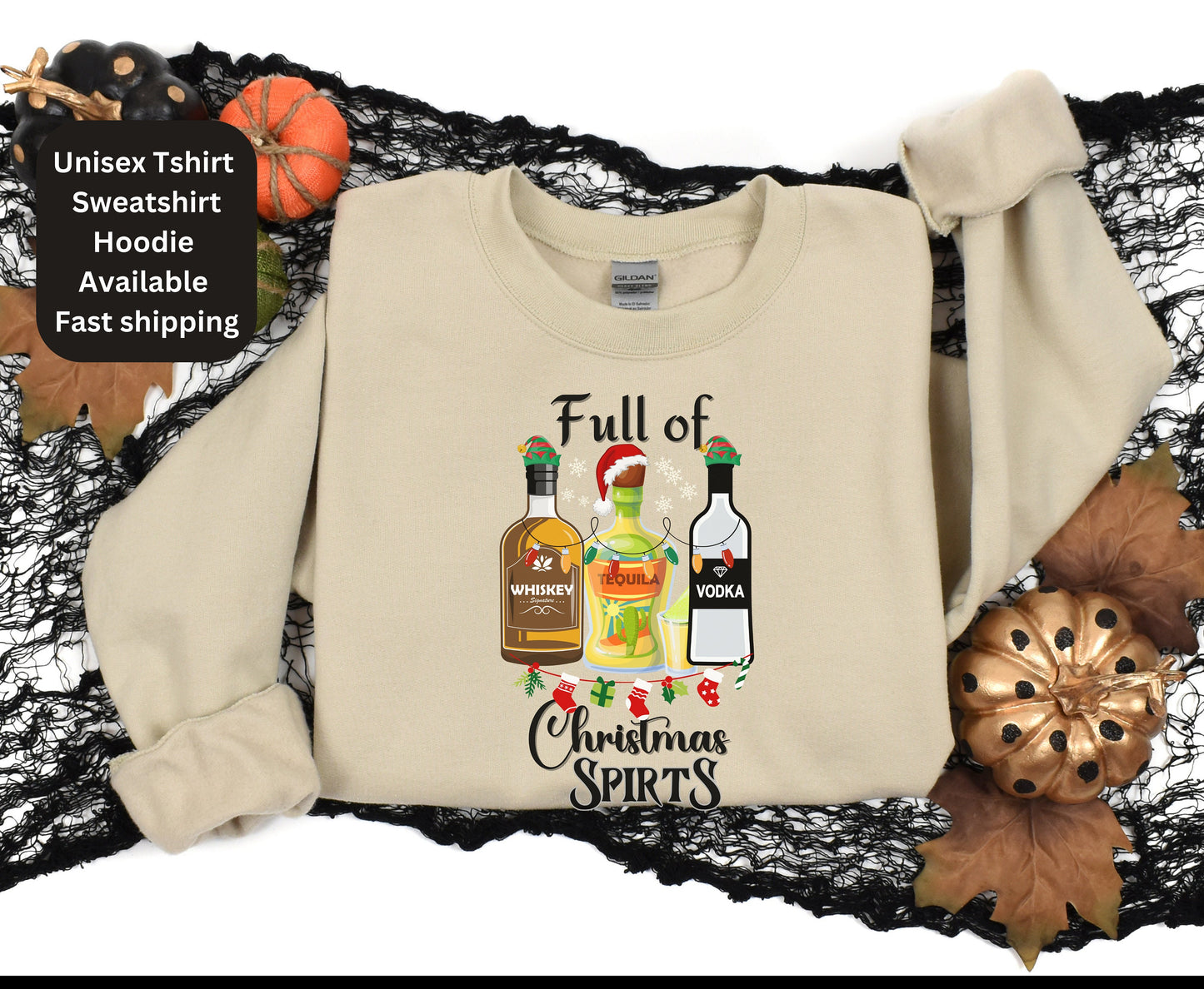 Tequila Vodka Whiskey T Shirt, Funny Christmas Shirt, Christmas Shirts, Drinking TShirt, Full Of Christmas Spirit Tee, Xmas Party T-Shirt