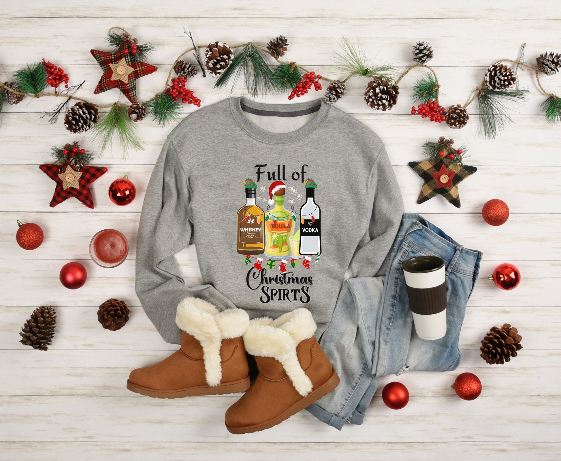 Tequila Vodka Whiskey T Shirt, Funny Christmas Shirt, Christmas Shirts, Drinking TShirt, Full Of Christmas Spirit Tee, Xmas Party T-Shirt