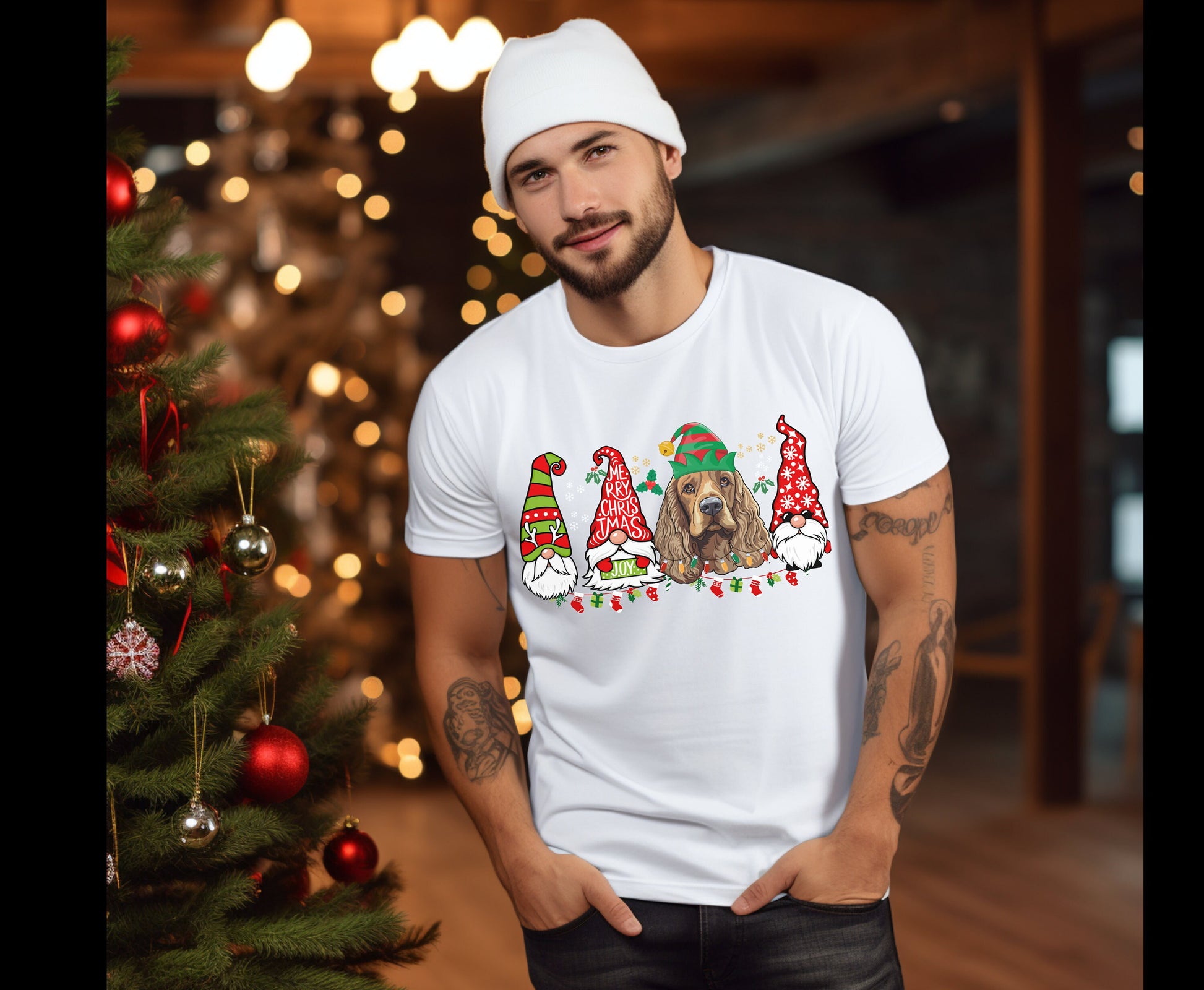 Colorful christmas top for dog owner, dog lover dog mom dog dad shirts gifts for xmas winter crewneck for men for women cocker spaniel top