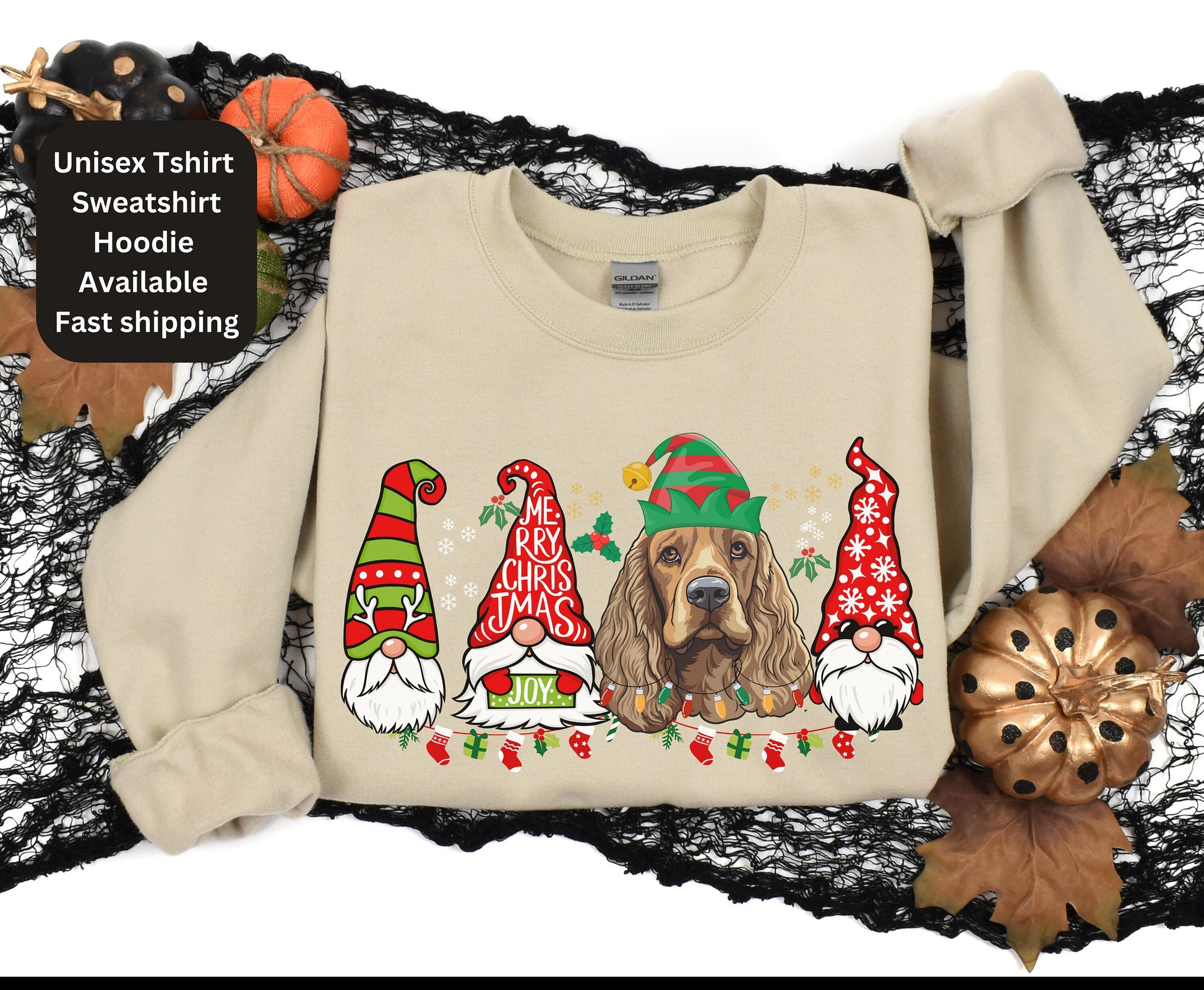 Colorful christmas top for dog owner, dog lover dog mom dog dad shirts gifts for xmas winter crewneck for men for women cocker spaniel top