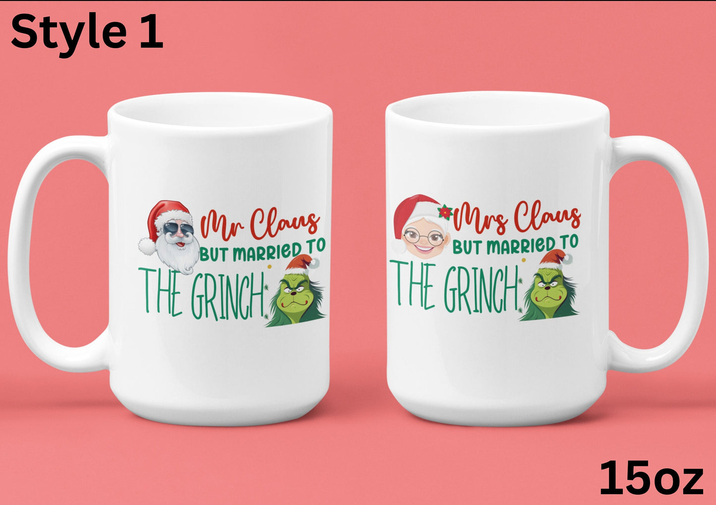 2 Piece Funny Christmas couple matching Mugs, Mr and Mrs Claus but married to the Grinch Trendy Xmas Husband wife bride groom Grinchmas gift