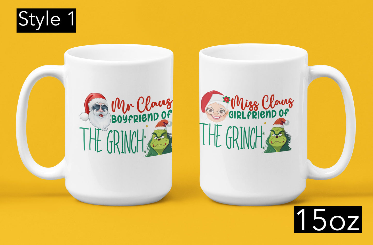 2 Piece Funny Christmas couple matching Mugs, Mr and Mrs Claus but girlfriend and boyfriend of the Grinch Trendy Xmas fiancé Grinchmas gift