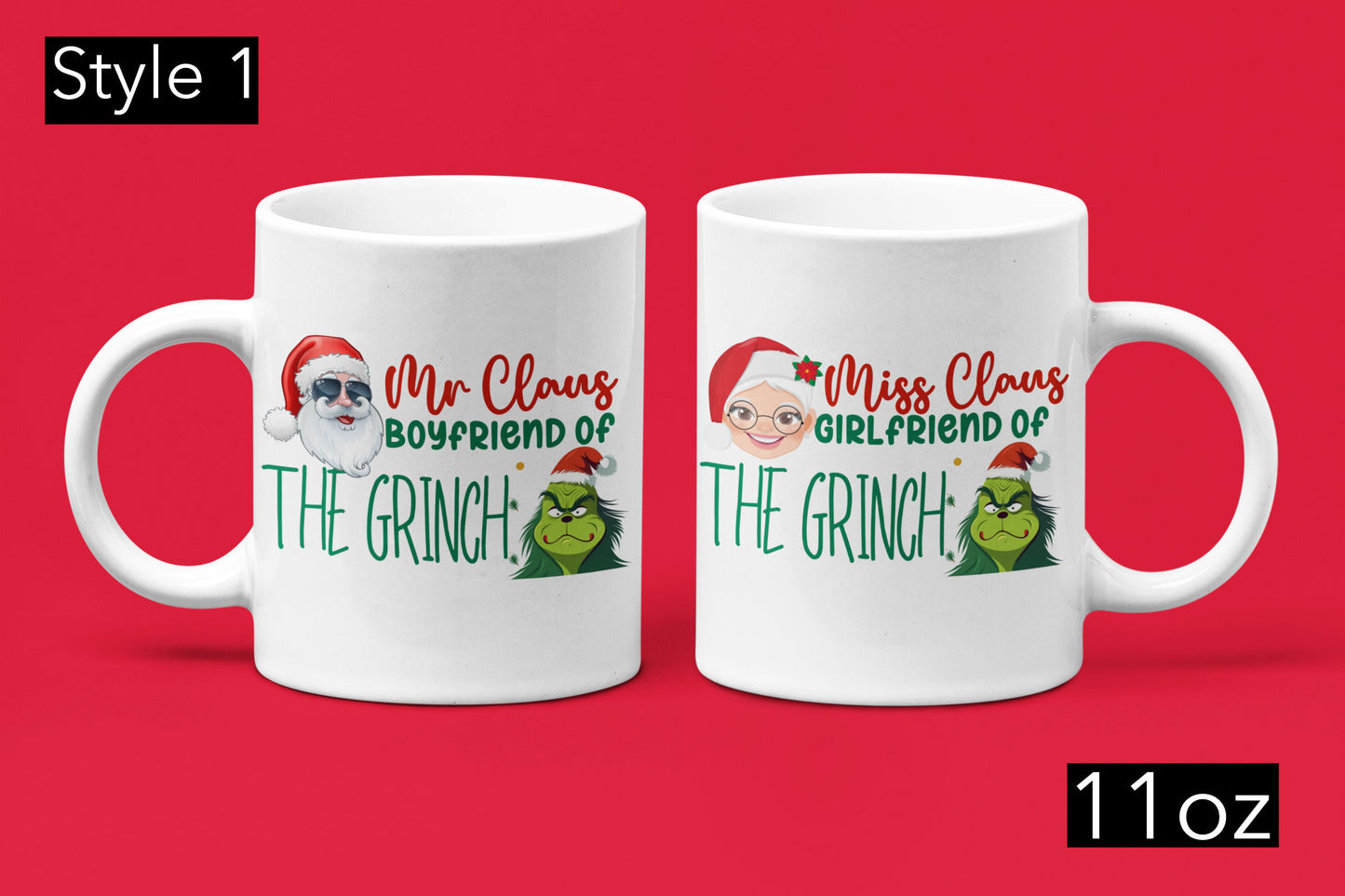 2 Piece Funny Christmas couple matching Mugs, Mr and Mrs Claus but girlfriend and boyfriend of the Grinch Trendy Xmas fiancé Grinchmas gift