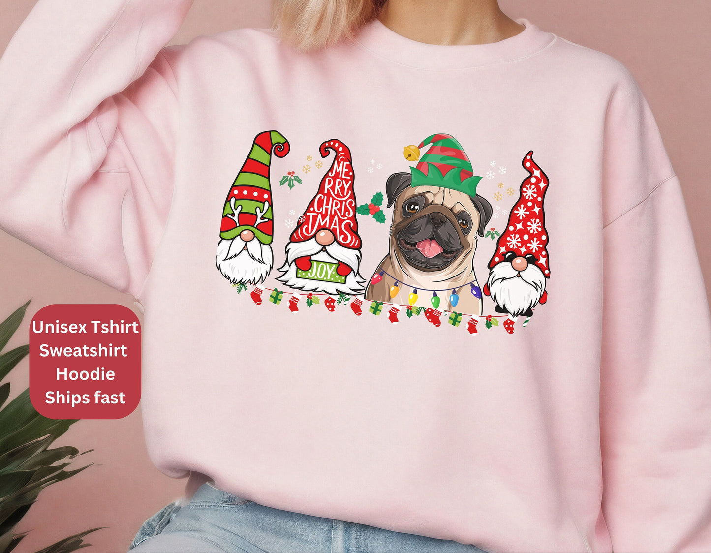 Pug Winter Sweatshirt Christmas Elf Gnome Lover Shirt Pug Mom xmas Pug Dad Hoodie Sweater gifts for Dog owner dog lover tshirt Jumper