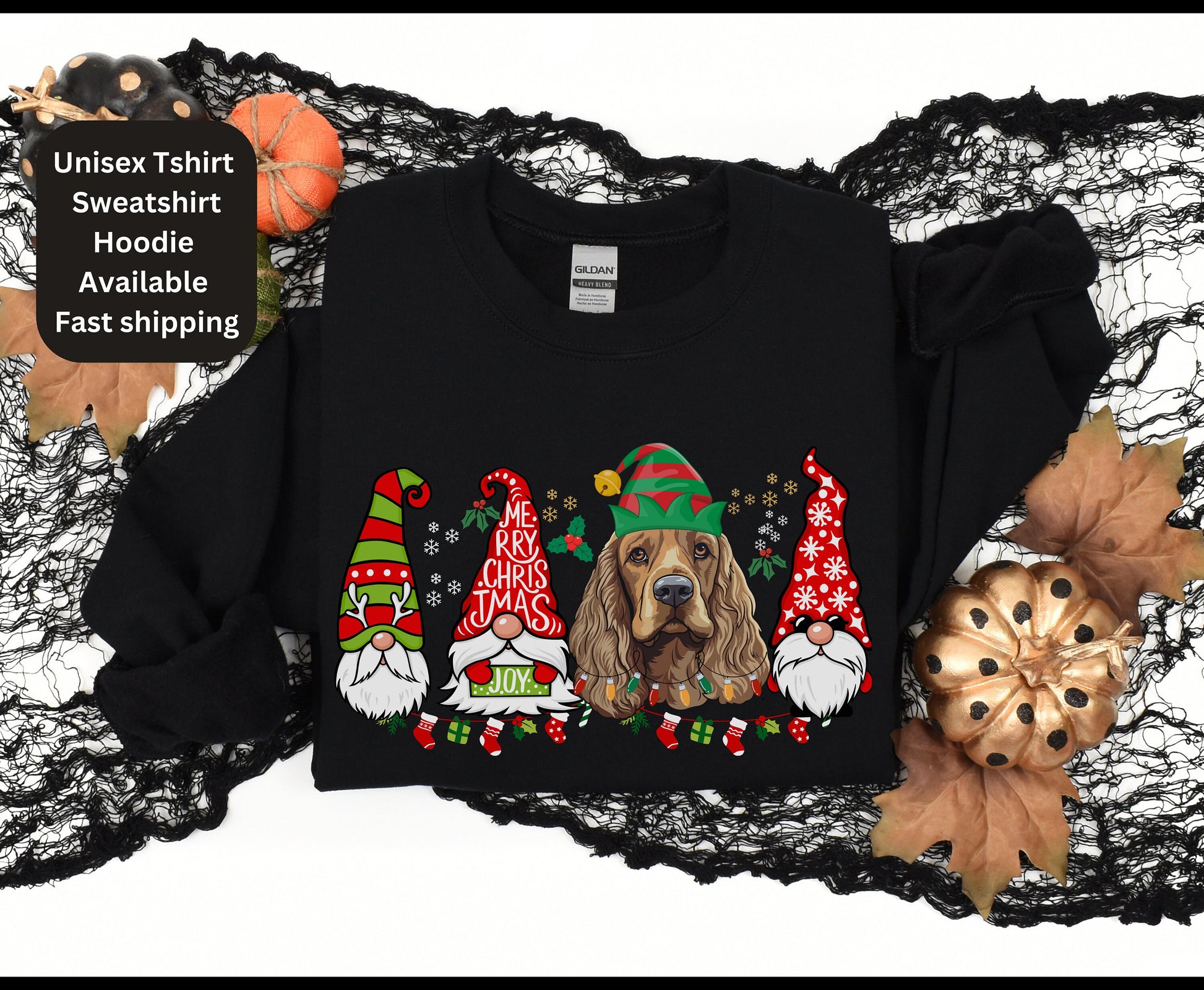 Colorful christmas top for dog owner, dog lover dog mom dog dad shirts gifts for xmas winter crewneck for men for women cocker spaniel top