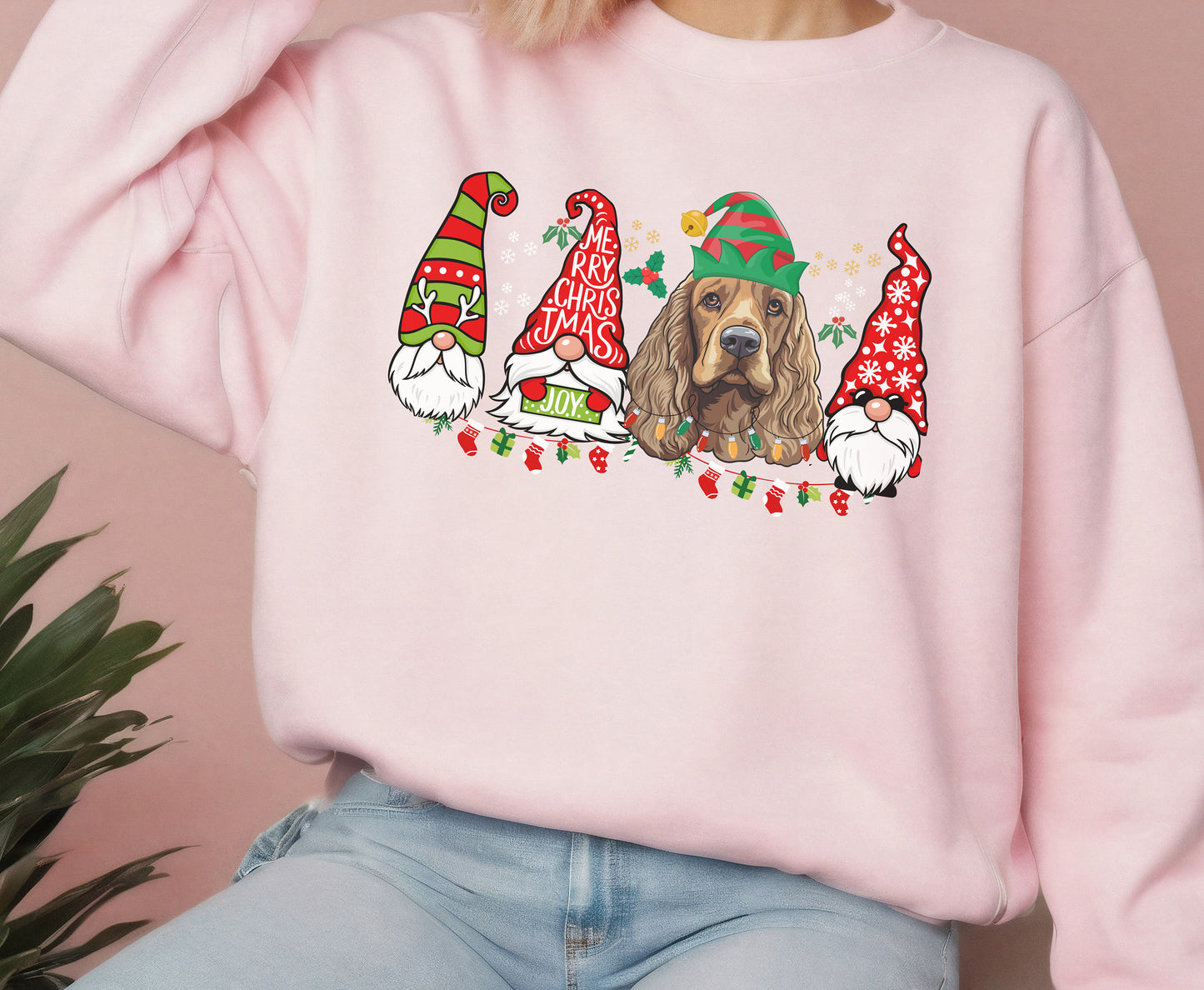 Colorful christmas top for dog owner, dog lover dog mom dog dad shirts gifts for xmas winter crewneck for men for women cocker spaniel top