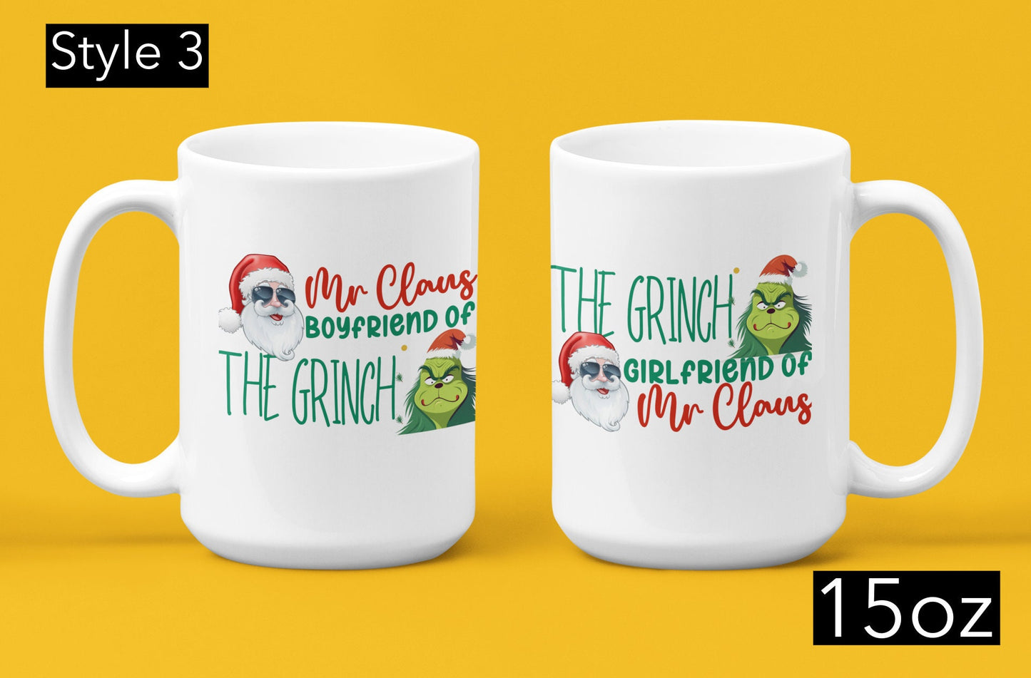 2 Piece Funny Christmas couple matching Mugs, Mr and Mrs Claus but girlfriend and boyfriend of the Grinch Trendy Xmas fiancé Grinchmas gift