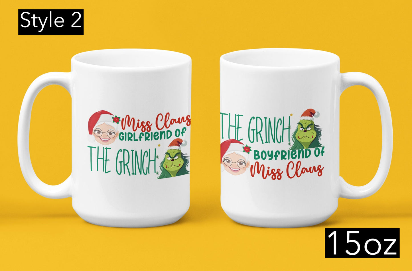 2 Piece Funny Christmas couple matching Mugs, Mr and Mrs Claus but girlfriend and boyfriend of the Grinch Trendy Xmas fiancé Grinchmas gift