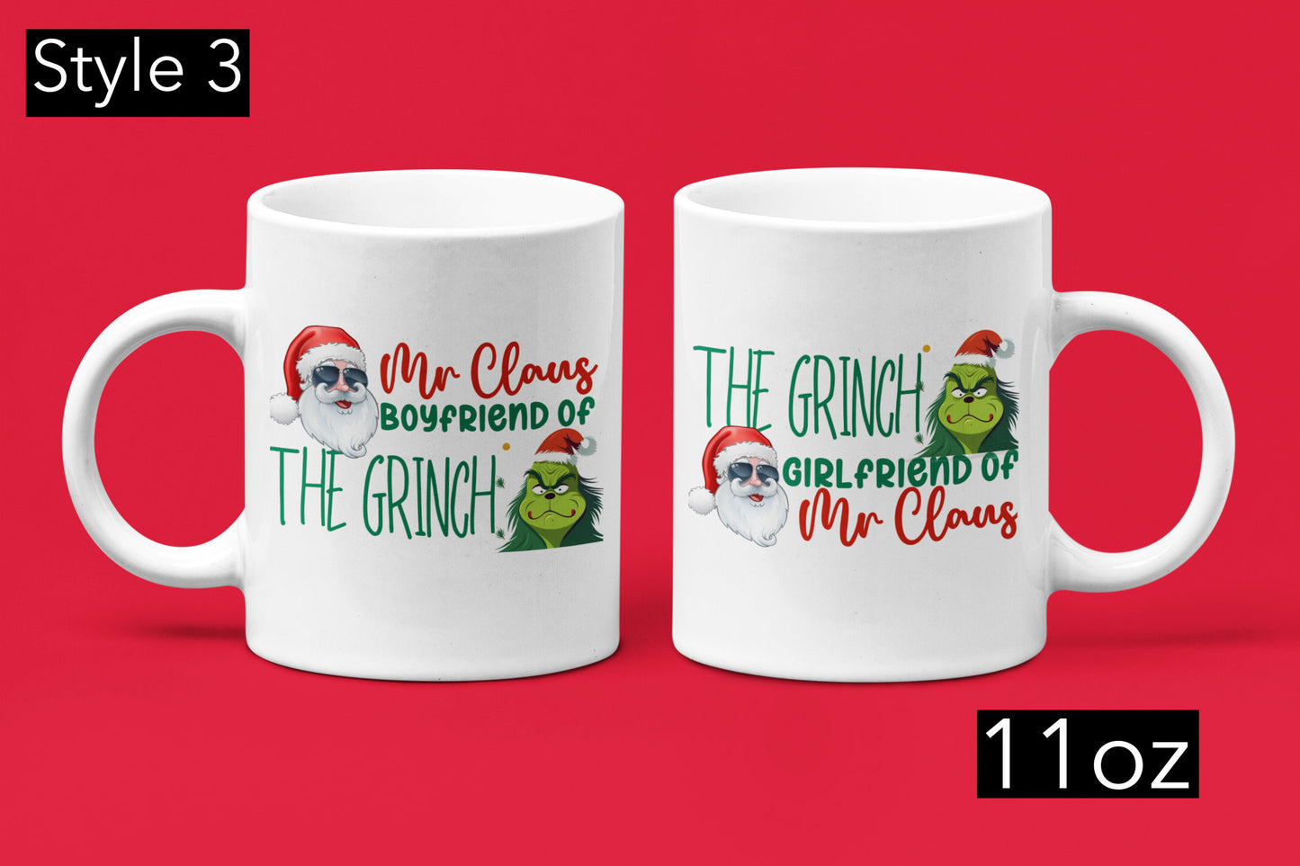 2 Piece Funny Christmas couple matching Mugs, Mr and Mrs Claus but girlfriend and boyfriend of the Grinch Trendy Xmas fiancé Grinchmas gift