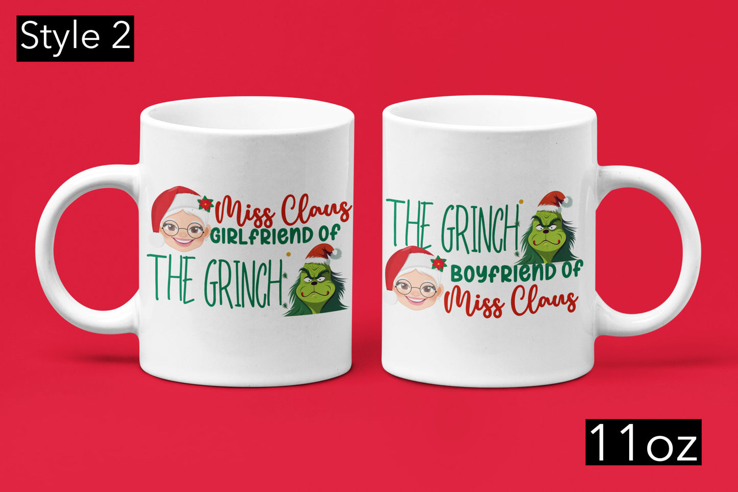 2 Piece Funny Christmas couple matching Mugs, Mr and Mrs Claus but girlfriend and boyfriend of the Grinch Trendy Xmas fiancé Grinchmas gift