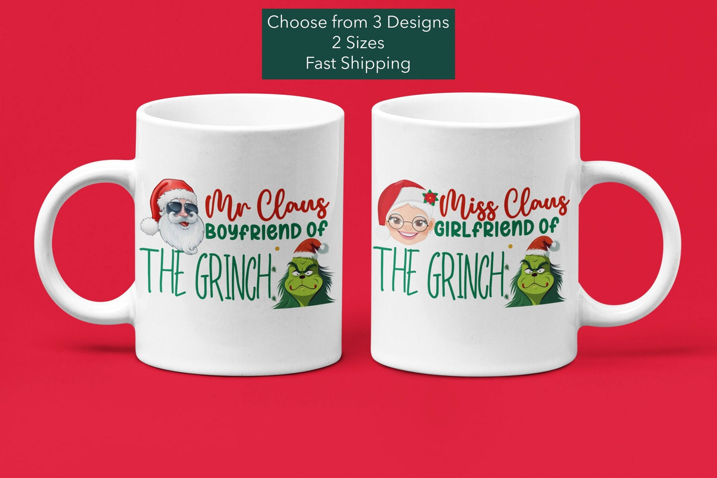 2 Piece Funny Christmas couple matching Mugs, Mr and Mrs Claus but girlfriend and boyfriend of the Grinch Trendy Xmas fiancé Grinchmas gift