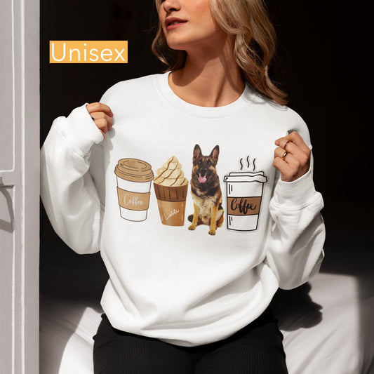 German Shepherd Coffee Lover Tshirt Sweatshirt Hoodie for men women, Winter Crewneck for Dog Mom Dog Dad Tee, German Shepherd Winter gift