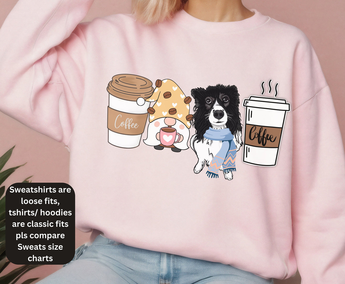 Border Collie Coffee Lover Hoodie - Winter Crewneck for Dog Mom and Dad - Gnome Design - Gift for Men and Women