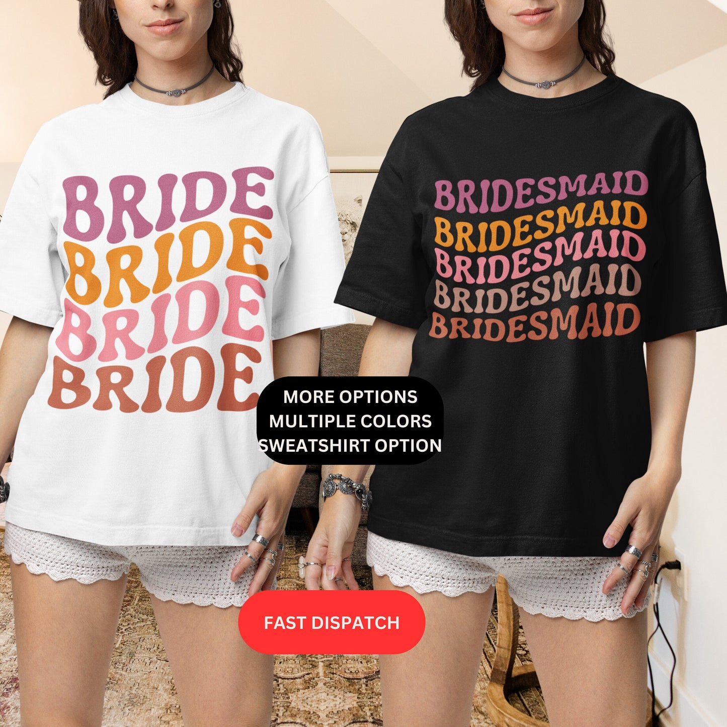 Boho retro groovy bride shirt for bridal party for wedding men women