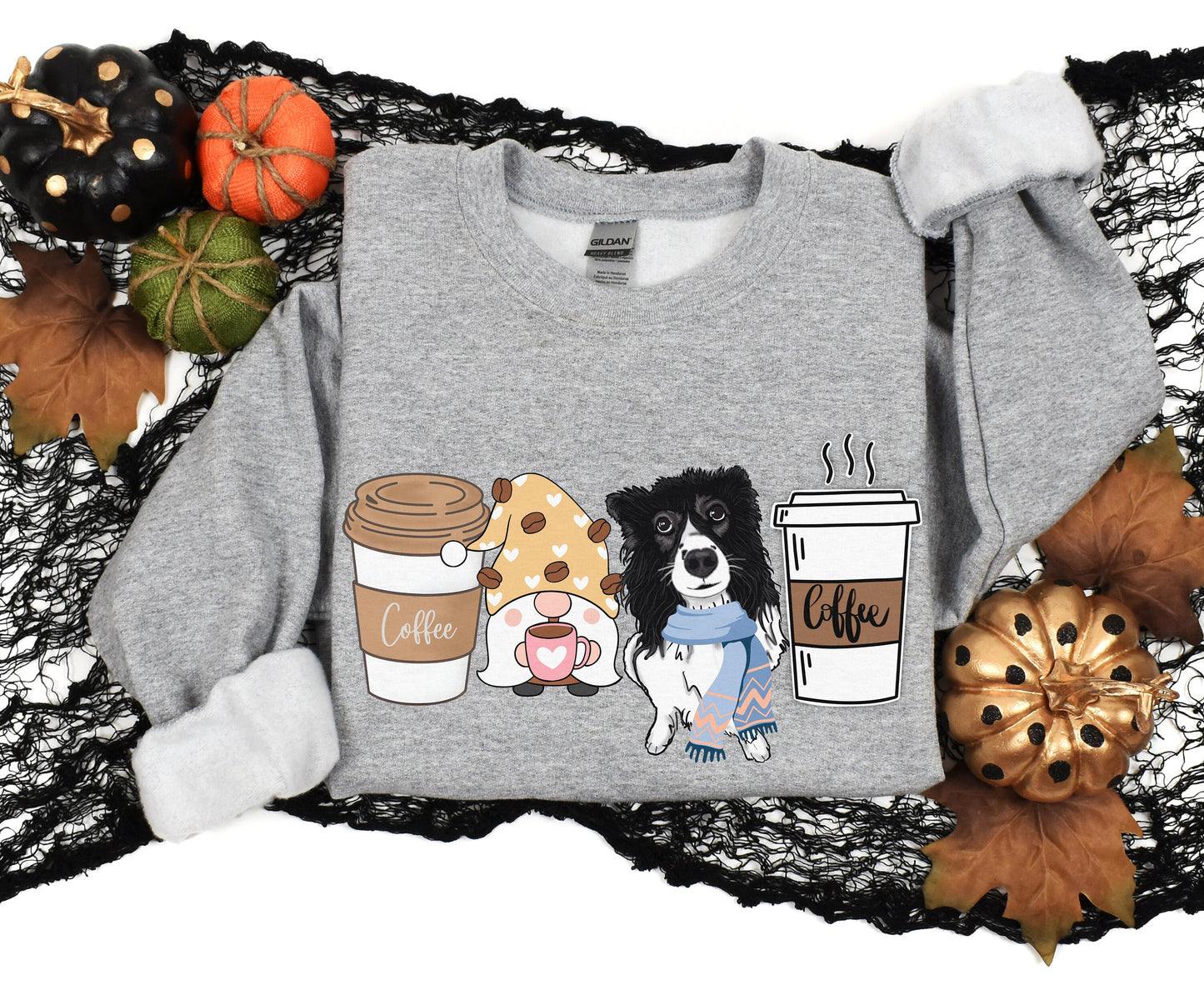 Border Collie Coffee Lover Hoodie - Winter Crewneck for Dog Mom and Dad - Gnome Design - Gift for Men and Women