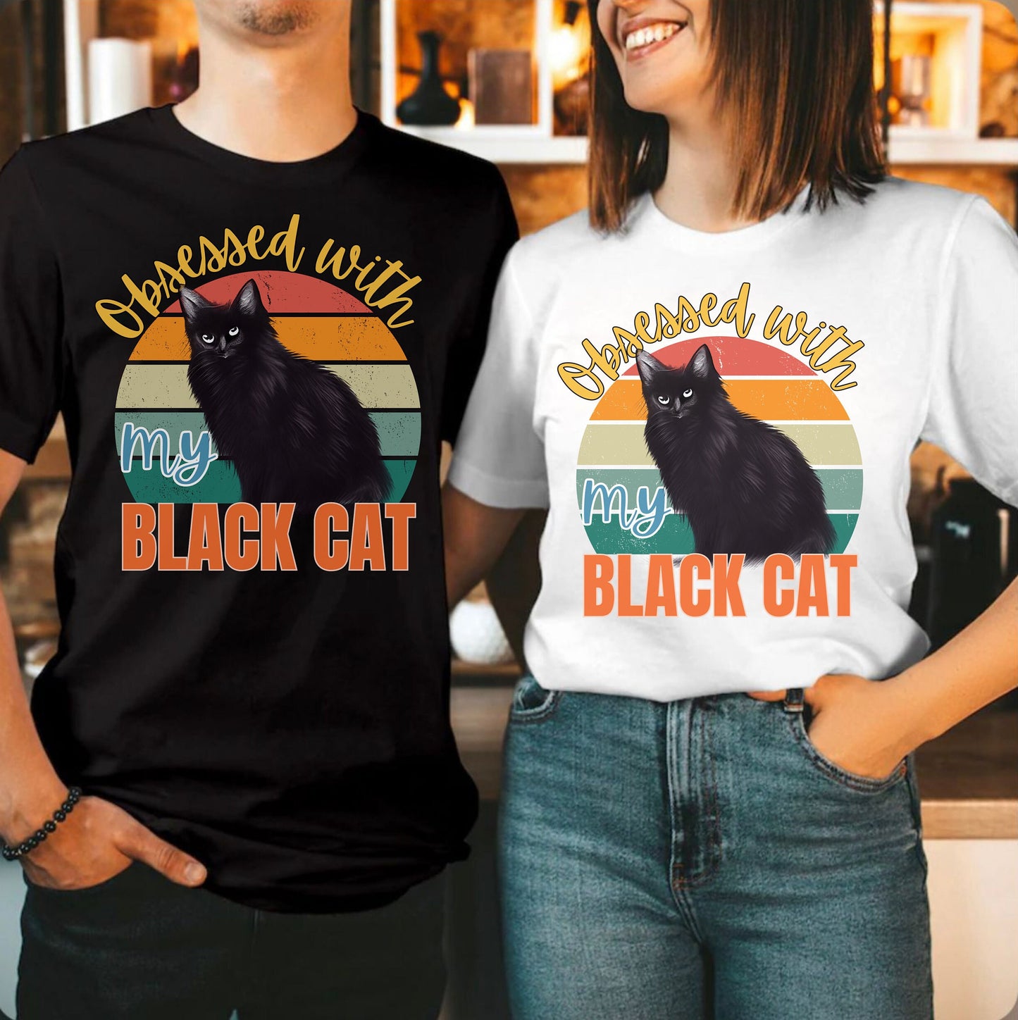 Unisex Black Cat Mom Dad Retro Shirt for men women, winter crewneck for cat lover