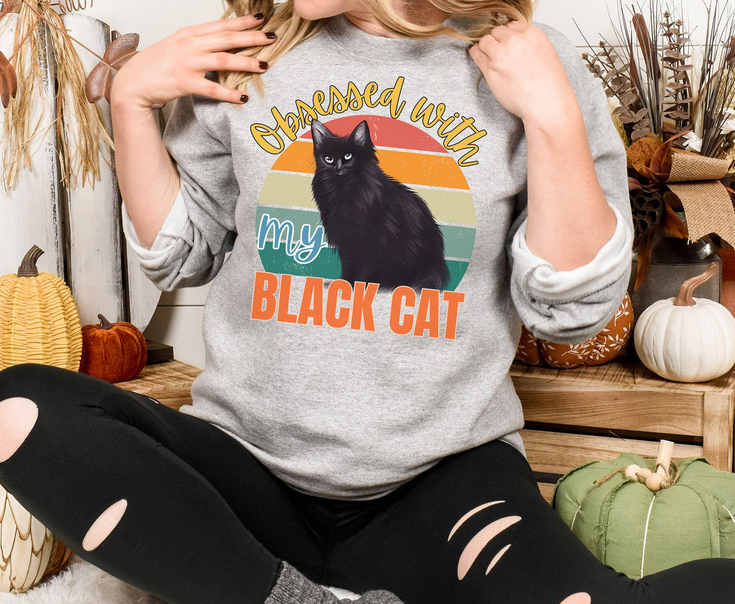 Unisex Black Cat Mom Dad Retro Shirt for men women, winter crewneck for cat lover