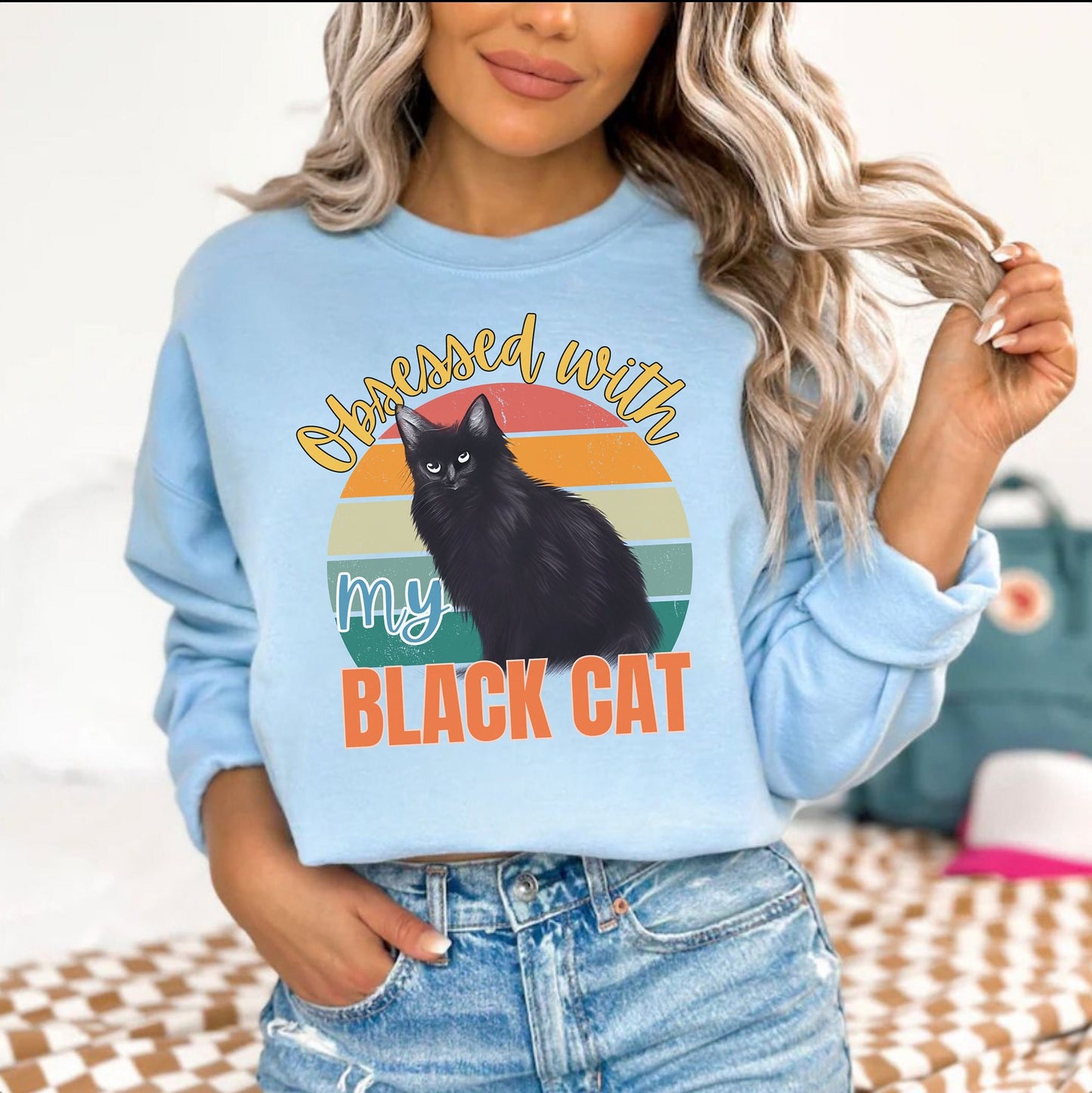 Unisex Black Cat Mom Dad Retro Shirt for men women, winter crewneck for cat lover