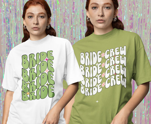 Grüne Retro Groovy Junggesellinnenabschied T-Shirts, trendiges Boho Junggesellinnenabschied T-Shirt für Team Braut Brautjungfern Wellige Geschenke für Brautparty Sweatshirt