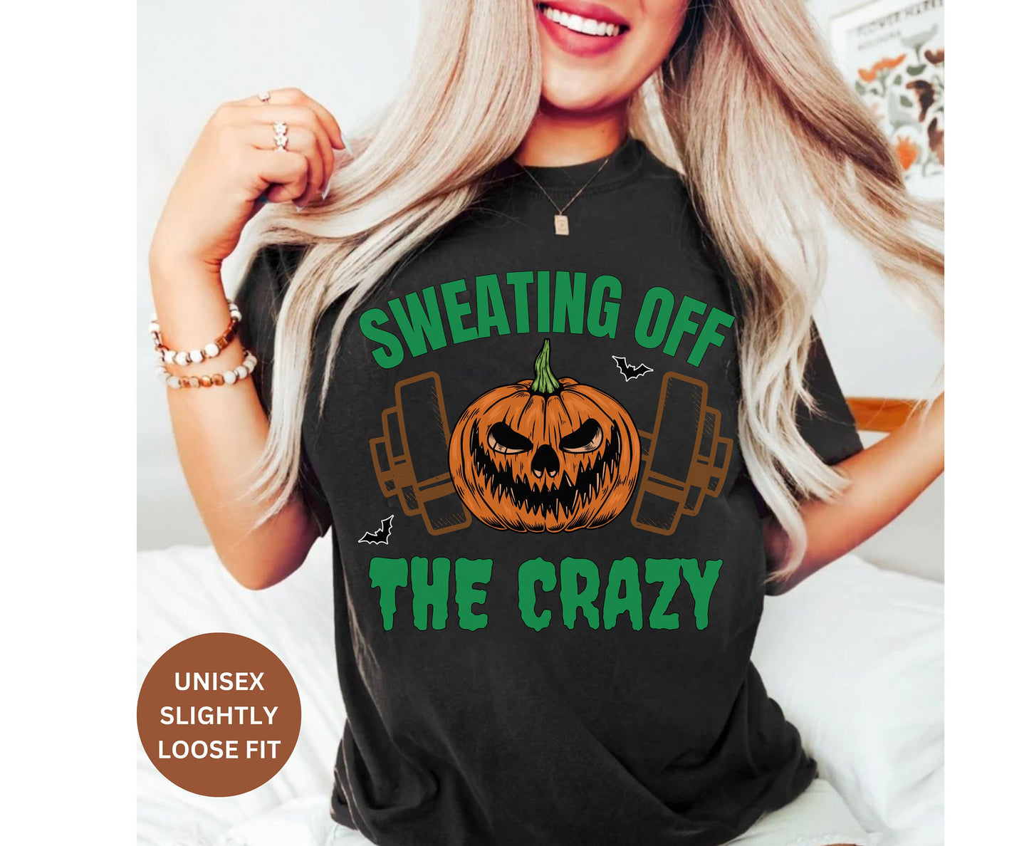 Funny Halloween Workout Tee shirt Sweating off the crazy Gym Tee Weightlifting gift for Men Women Oversized Work Out Gym Shirts Pump Cover