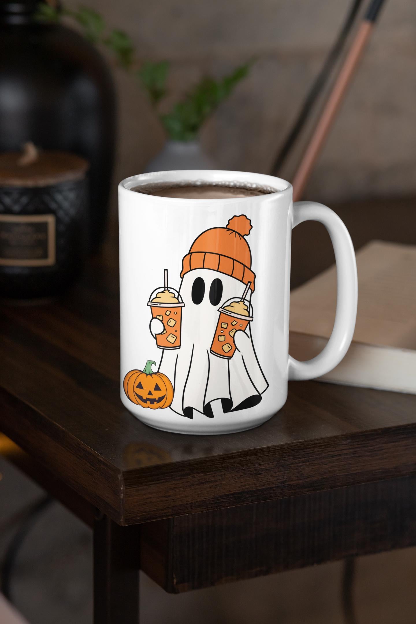 Trendy Ghost Ghoul Pumpkin Latte Halloween Mug gifts for Men Women Dad Mom Son Daughter, Funny Spooky Halloween Coffee Lover mugs Horror Mug