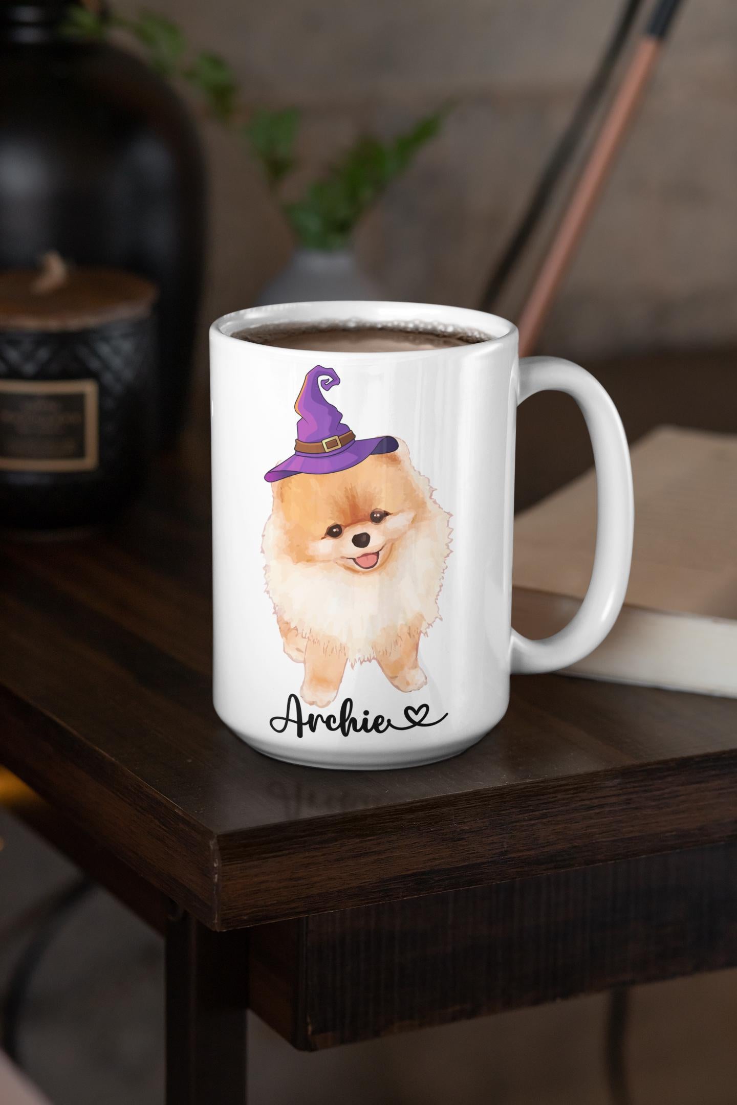 Custom Pomeranian Halloween Coffee Mug, Personalized Pomeranian Gifts for Dog Mom Dad, Dog Lover Halloween Mug Cute Spooky Witch Pomeranian