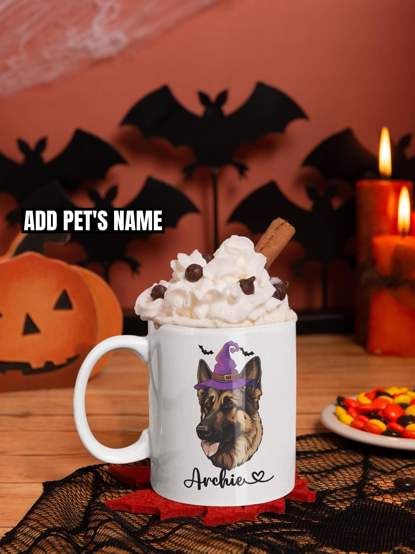 Custom German Shepherd Dog Halloween Coffee Mug, Personalized German Shepherd Gifts for Dog Mom Dad Dog Lover Halloween Cute Spooky Dog Mugs