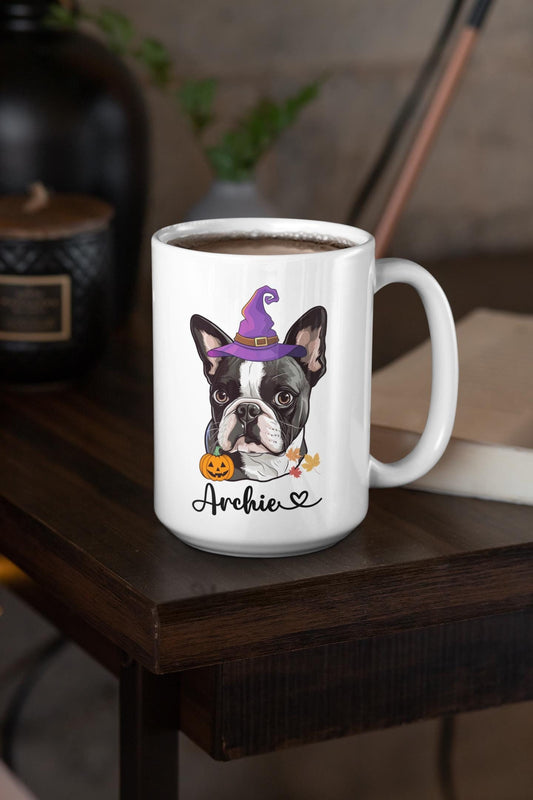 Custom Boston Terrier Dog Halloween Coffee Mug | Personalized Boston Terrier Halloween Ceramic Mug for Dog Owner