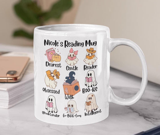 Custom Book Lover Halloween Mug Gifts for Men Women Personalized Spooky Ghost Pumpkin Reading mug gifts for Friend Wife Girlfriend Daughter