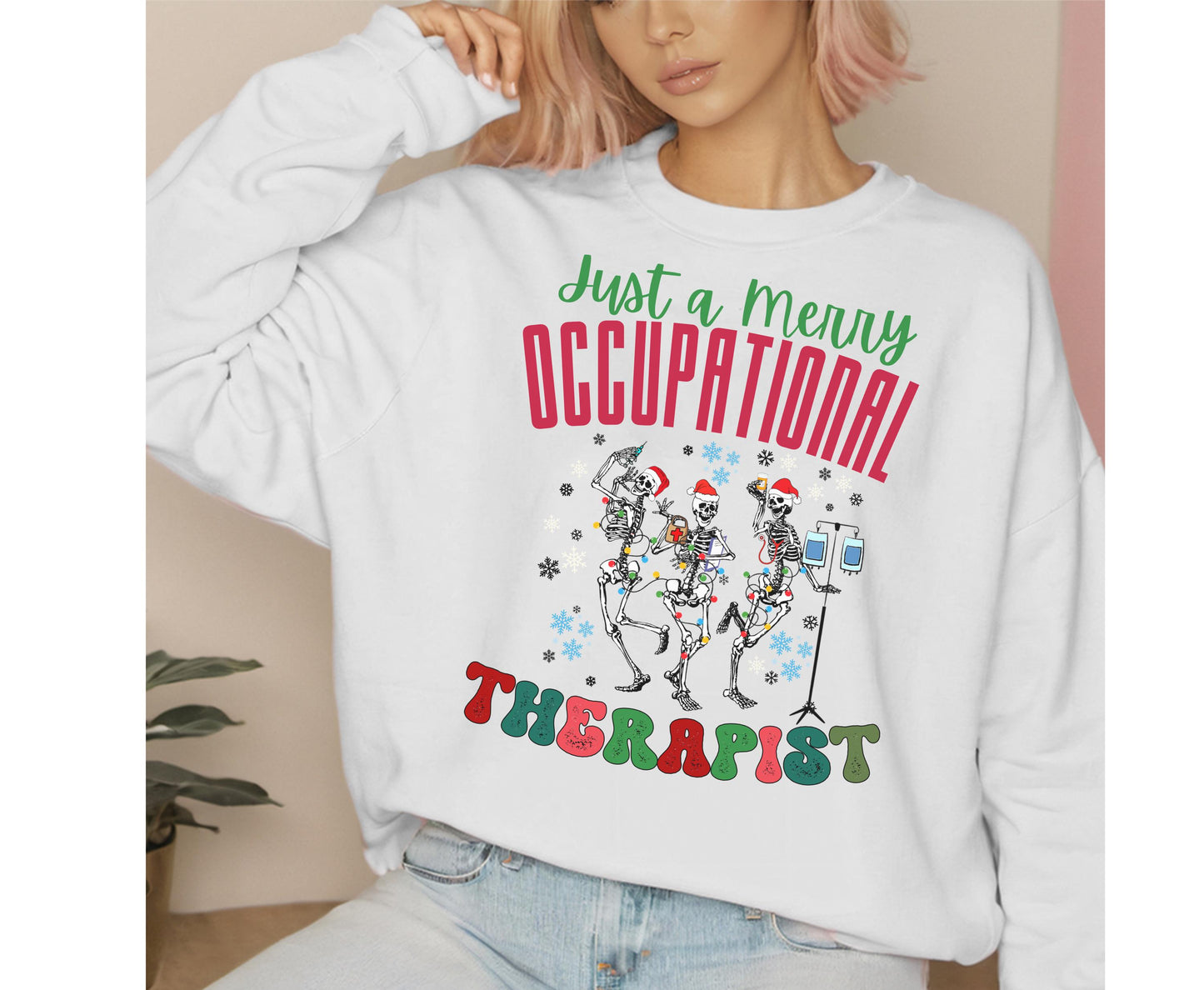 Trendy Occupational Therapist Christmas Tee Sweatshirt, Christmas OT Occu therapist T shirts Jumper Retro Xmas Skeleton shirt gift for OTA