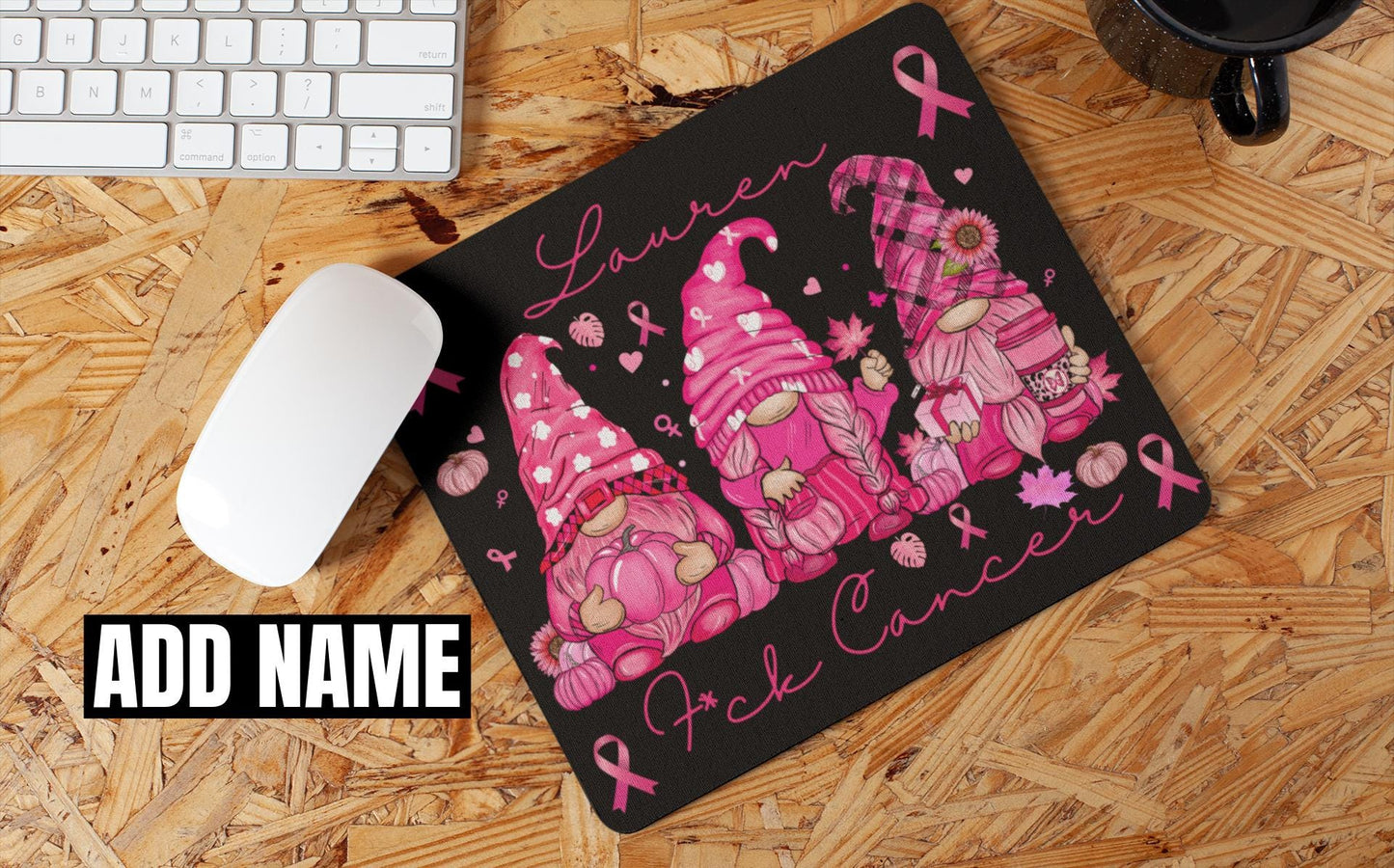 Custom Gnome Fall Cancer Awareness Mouse Pad | Personalized Cancer Gifts for Men Women Dad Mom Friend Autumn Desk Decor Oncology Chemo Gift