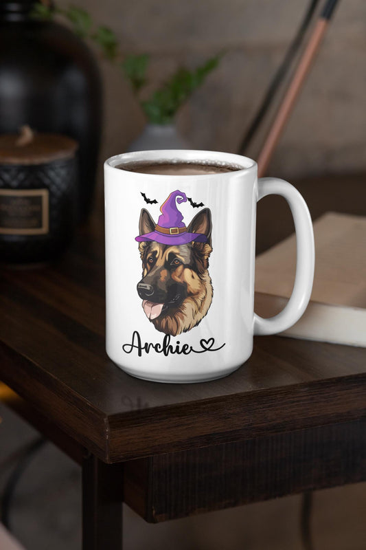 Custom German Shepherd Dog Halloween Coffee Mug, Personalized German Shepherd Gifts for Dog Mom Dad Dog Lover Halloween Cute Spooky Dog Mugs