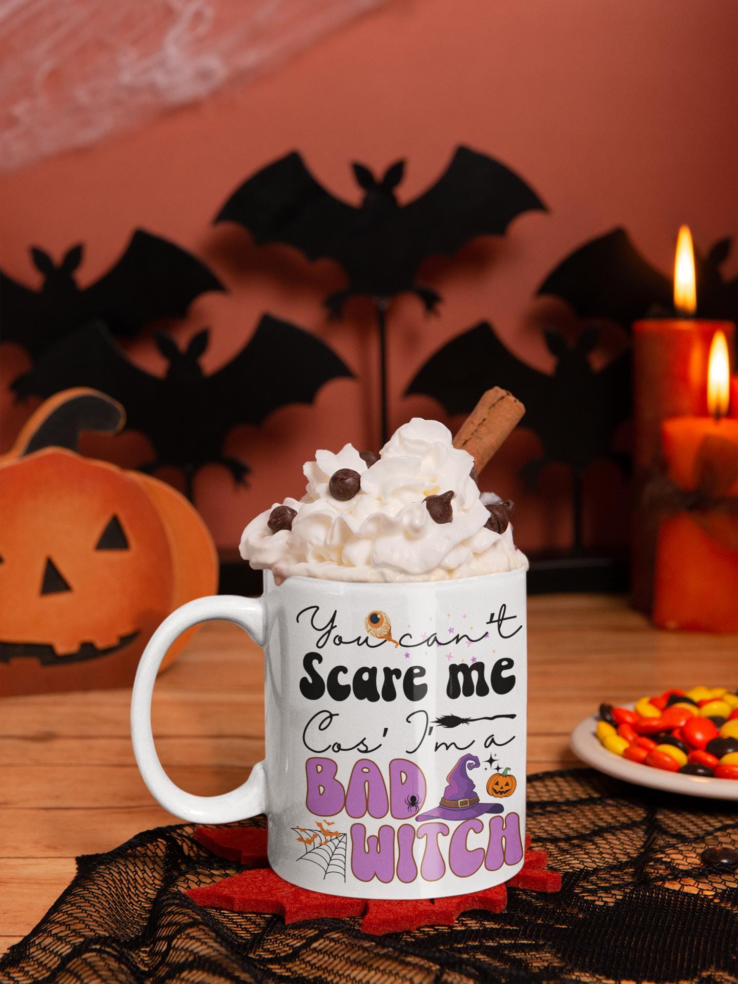 Trendy Retro witch Halloween mug You cant scare me I'm a bad witch Funny Halloween mugs for men Spooky Season Witch Mugs gifts for him her