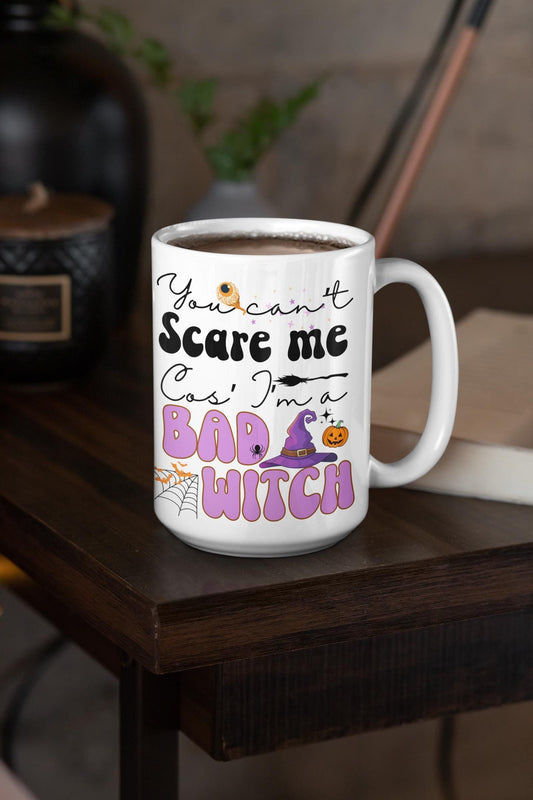 Trendy Retro witch Halloween mug You cant scare me I'm a bad witch Funny Halloween mugs for men Spooky Season Witch Mugs gifts for him her