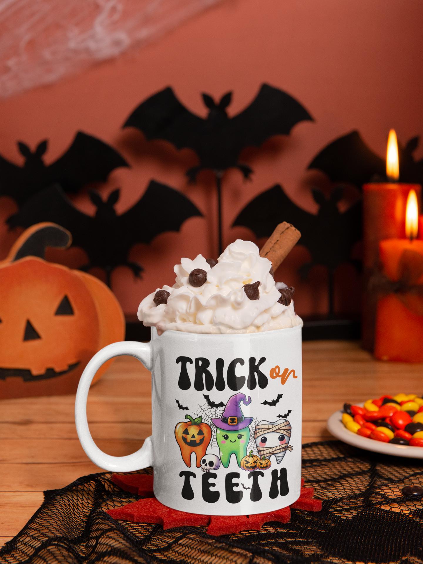 Cute Trick or Teeth Dental Squad Halloween Mug, Retro Dental Nurse Gifts for Men Women, Dental Halloween Mug gifts for him her, Dentist Mug