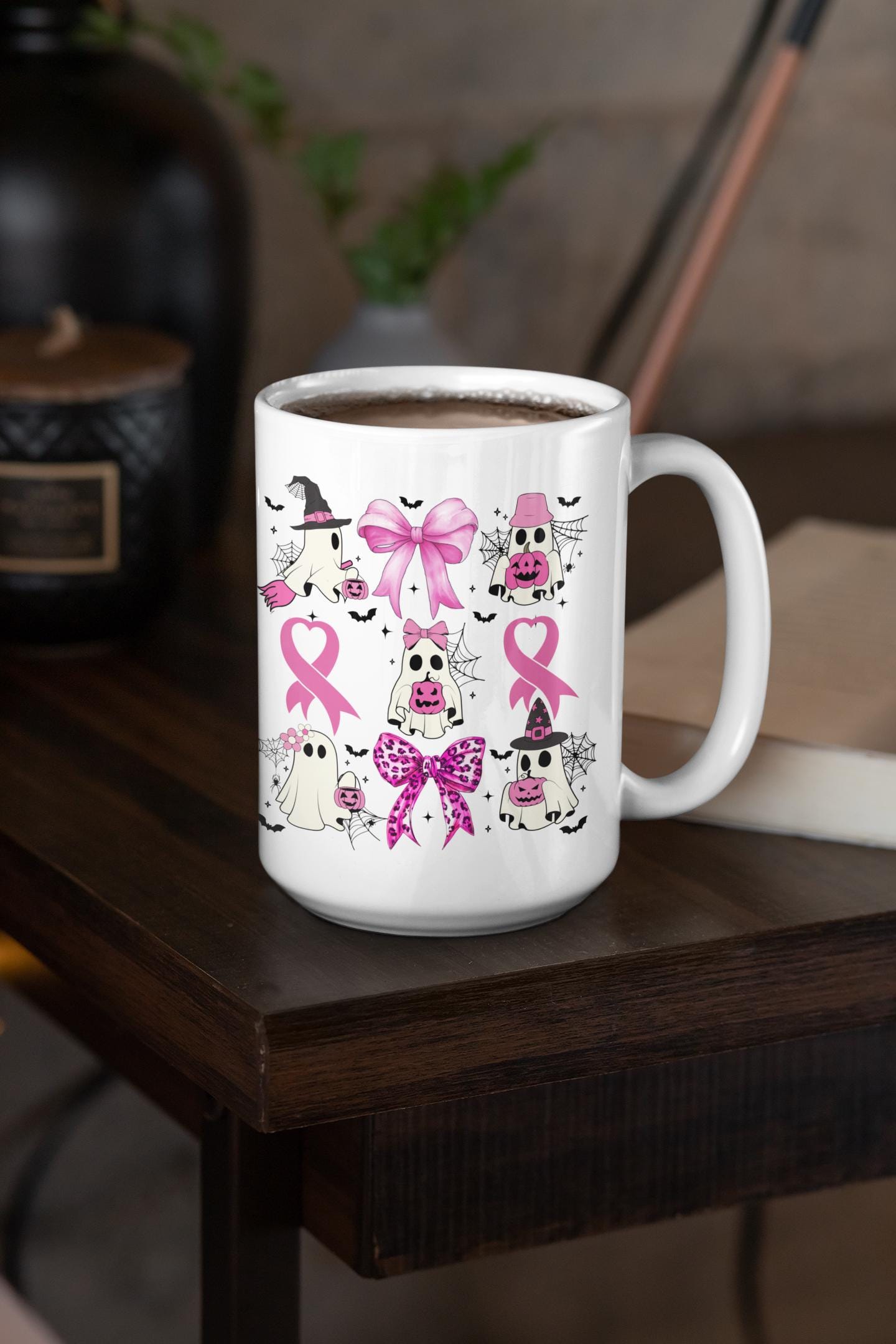 Cancer Ribbon Halloween Mug, Cancer Ghost Coquette, Cancer awareness coquette Mugs for men women Cancer survivor gifts Pink ghost coffee mug