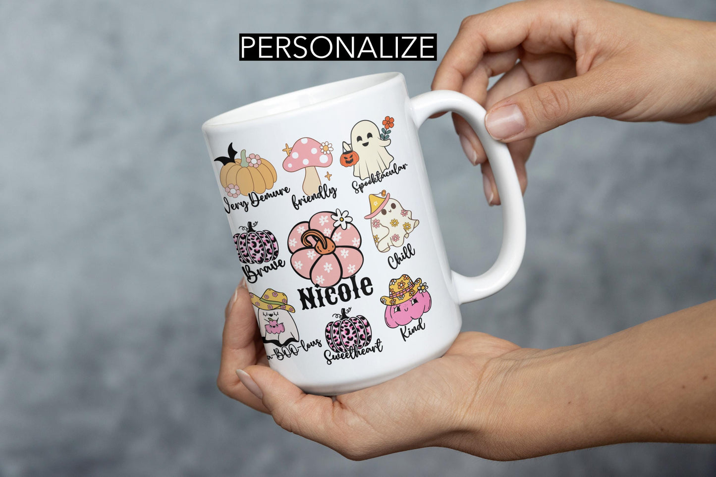 Custom Retro Ghost Pumpkin Halloween Affirmation Mug Gift for Women Personalize Spooky Birthday Halloween mug for Mom friend Wife Girlfriend