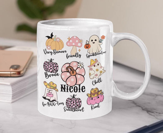 Custom Retro Ghost Pumpkin Halloween Affirmation Mug Gift for Women Personalize Spooky Birthday Halloween mug for Mom friend Wife Girlfriend