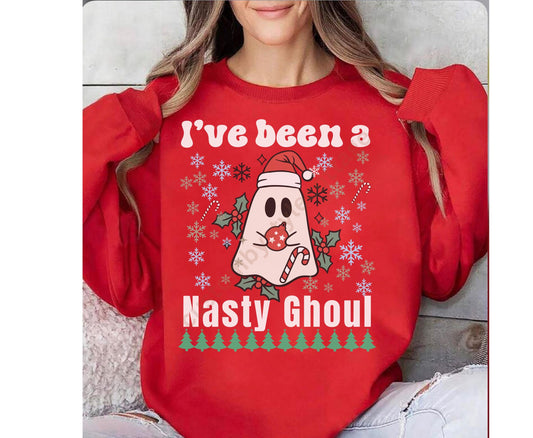 Funny Ghost Christmas Shirt I've Been a Nasty Ghoul Holiday Tee | Spooky Christmas Gift for men women | Festive Christmas T Shirt Sweatshirt