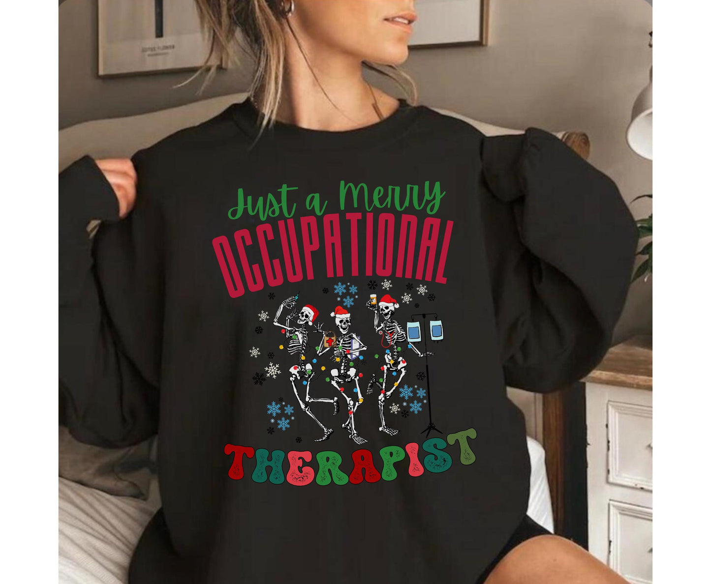 Trendy Occupational Therapist Christmas Tee Sweatshirt, Christmas OT Occu therapist T shirts Jumper Retro Xmas Skeleton shirt gift for OTA