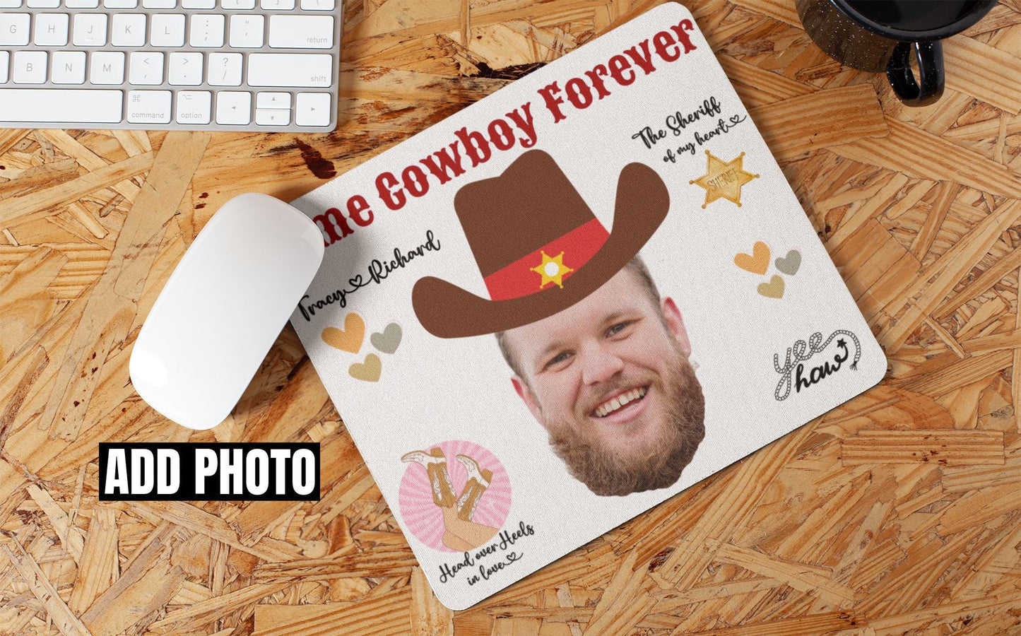 Custom Cowboy themed Mouse Pad Add Photo | Personalized Gift for Wife, Girlfriend, Bride to be, Mrs for Birthdays Christmas Valentine's day